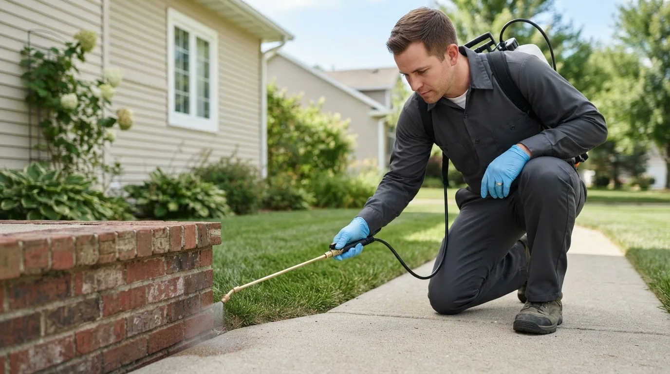 Pest control technician treating a home near Higley, AZ